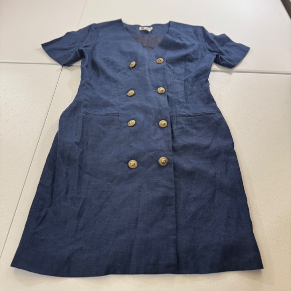 Y2K NY Sake Navy sailor Linen Double Breasted V Neck Sheath Dress Size 12 - Picture 9 of 10